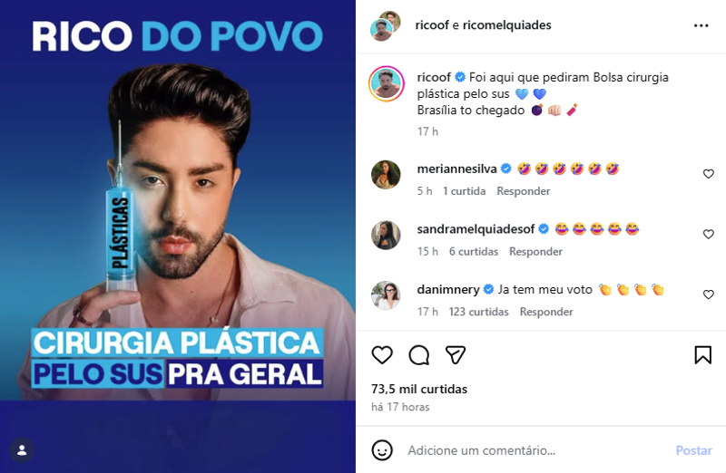 Caso eleito, Rico Melquiades promete oferecer cirurgias plásticas pelo SUS.
