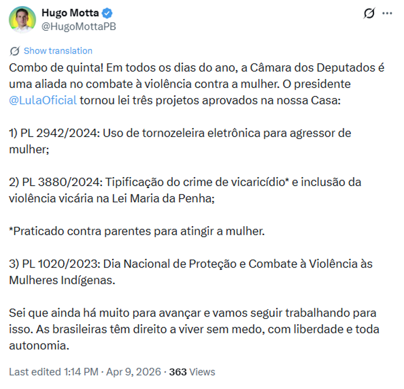 Publicação do presidente da Câmara nas redes sociais.