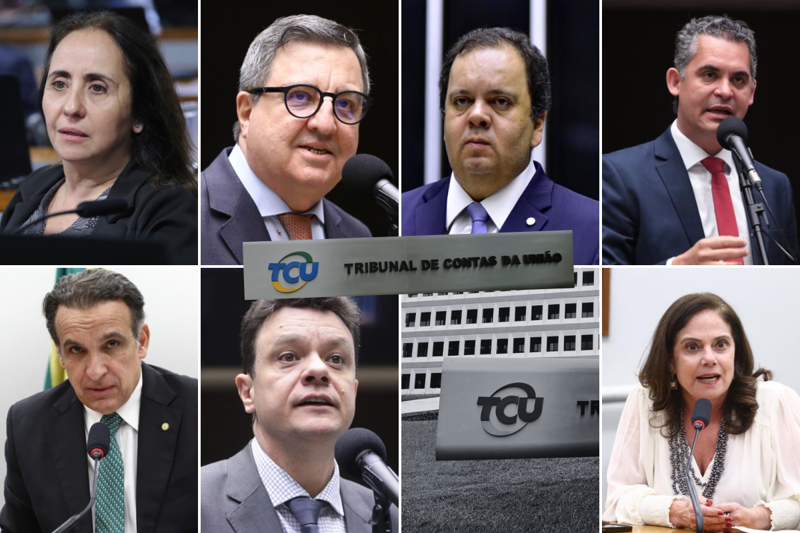 Da esquerda para a direita: Adriana Ventura, Danilo Forte, Elmar Nascimento, Gison Daniel, Hugo Leal, Odair Cunha, a fachada do TCU e Soraya Santos.
