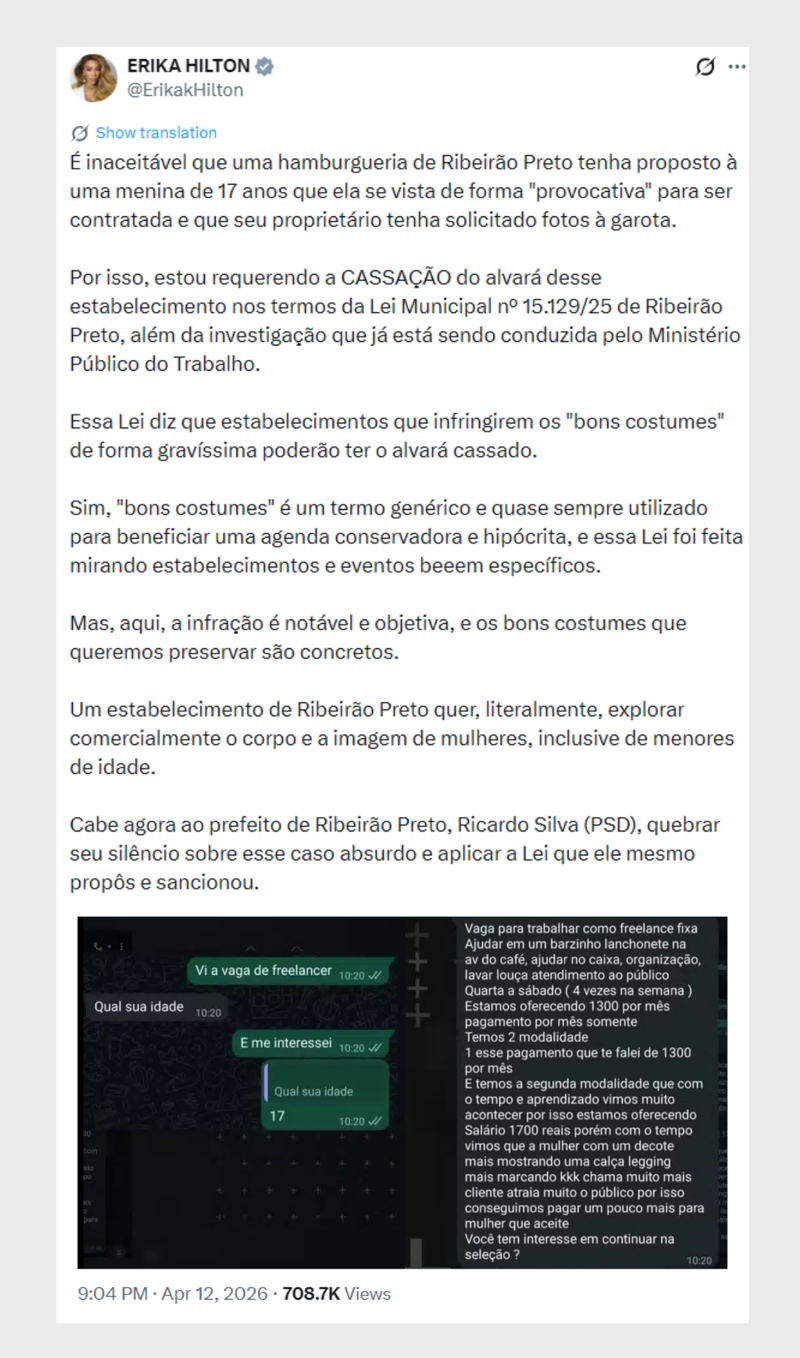 Publicação de Erika Hilton nas redes sociais.