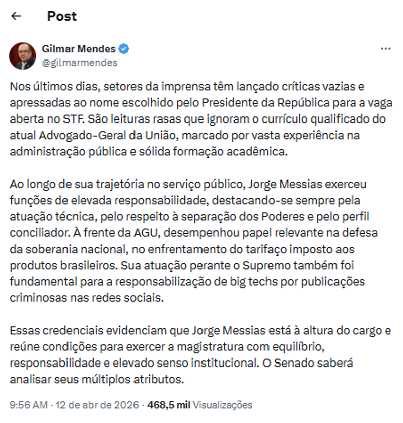 Mensagem publicada nas redes sociais por Gilmar Mendes.
