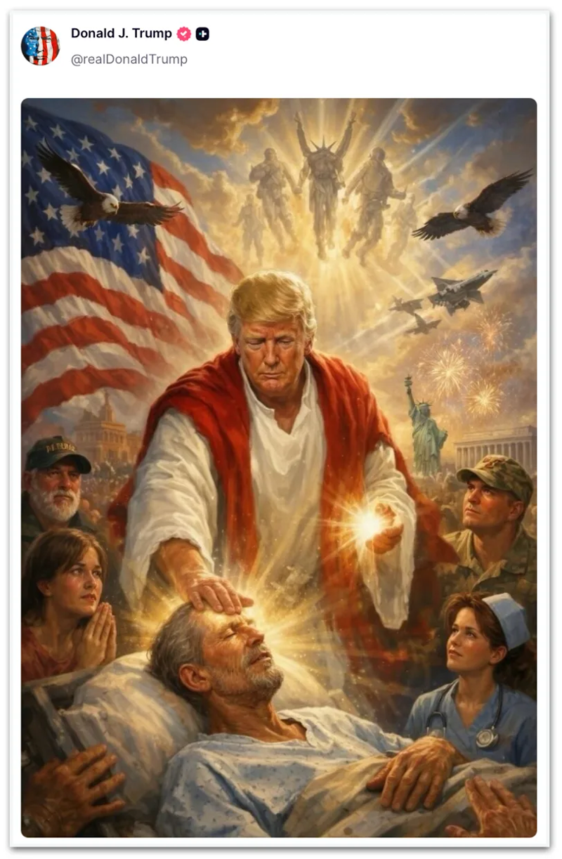 Imagem feita por inteligência artificial publicada por Donald Trump em sua rede social.