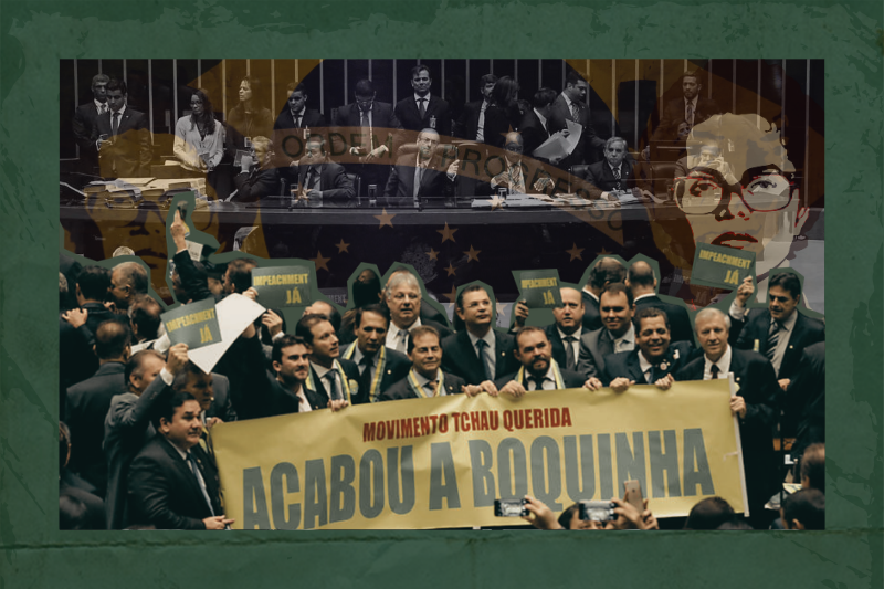 Deputados defensores do impeachment exibem facha contra Dilma e o PT na sessão da Câmara que aprovou a abertura do processo.