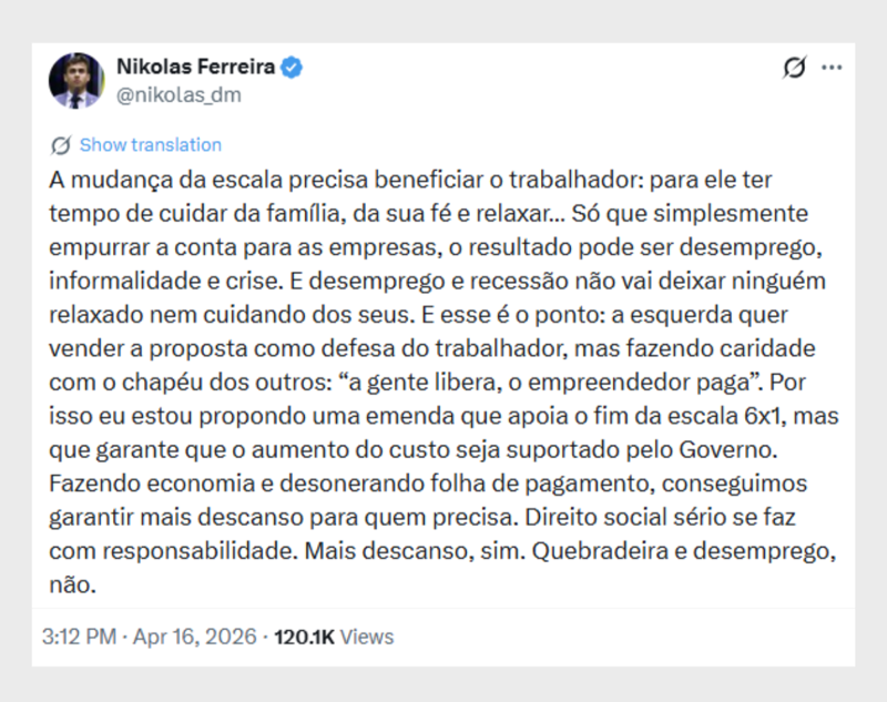 Publicação de Nikolas Ferreira nas redes sociais.