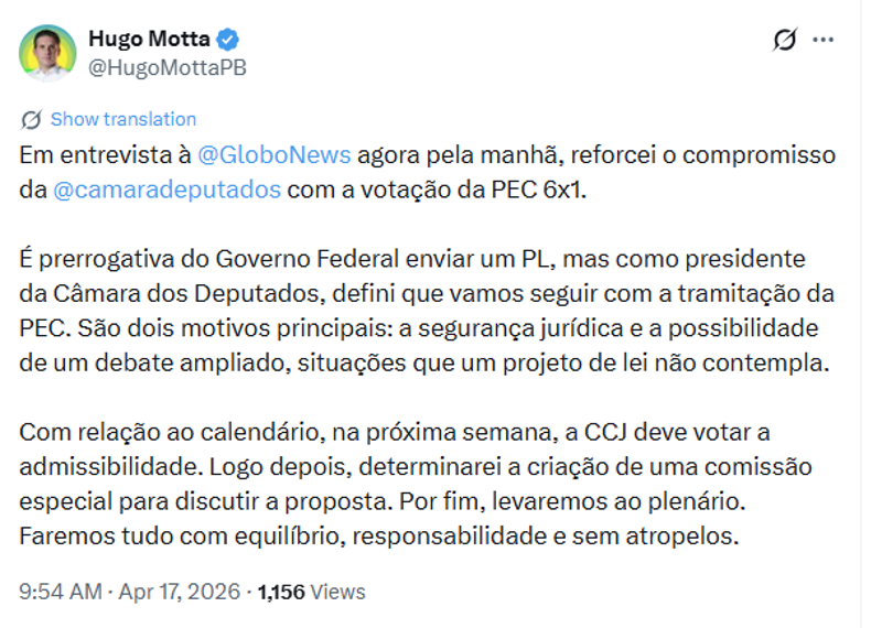 Publicação de Hugo Motta no X.