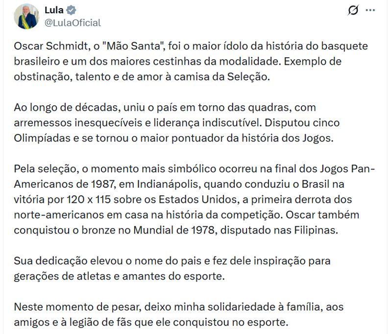 Mensagem publicada por Lula em homenagem a Oscar: 