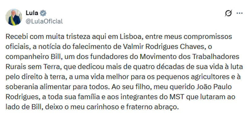 Em Portugal, Lula lamentou a morte do militante do MST.