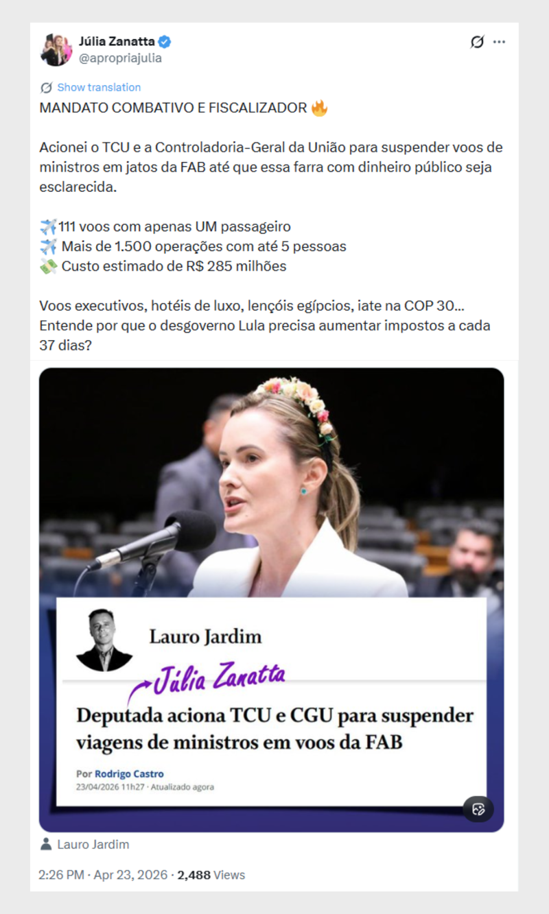 Publicação de Zanatta nas redes sociais. 