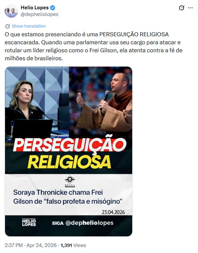 Hélio Lopes acusa Soraya de perseguição religiosa.
