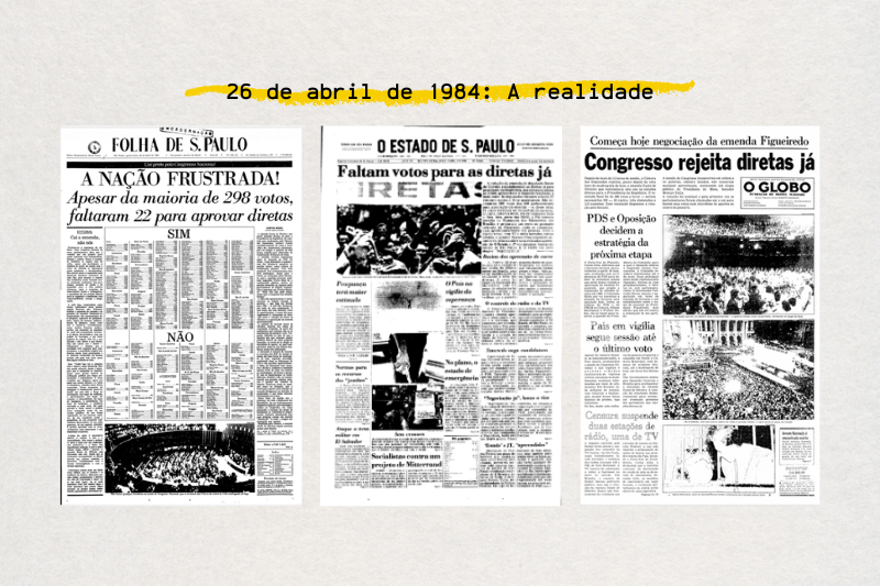Jornais do dia 26 estampavam a rejeição da emenda e clima de frustração popular.