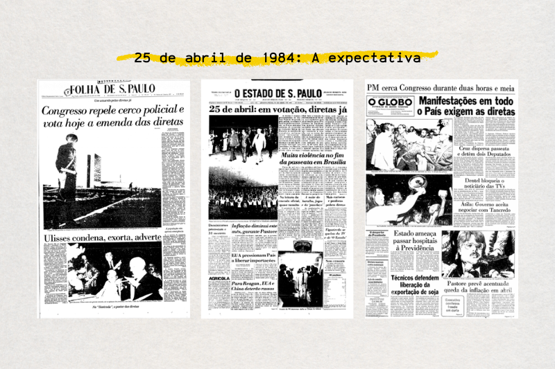 Jornais do dia 25 de abril de 1984 traziam o clima de tensão e euforia em torno da votação que começaria naquela data e seria encerrada na madrugada seguinte.