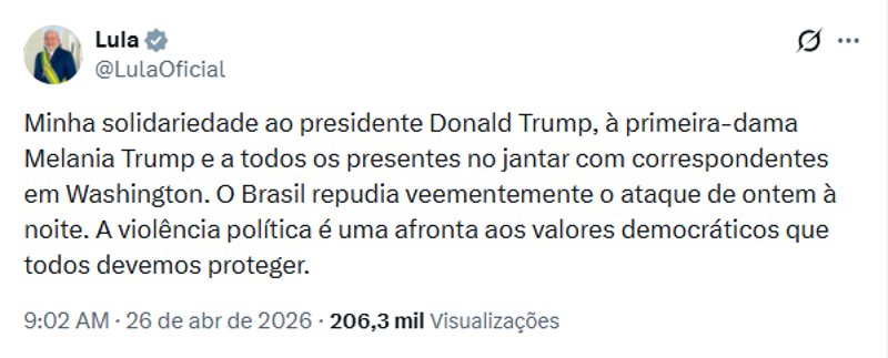 Publicação do presidente Lula em solidariedade ao presidente Donald Trump.