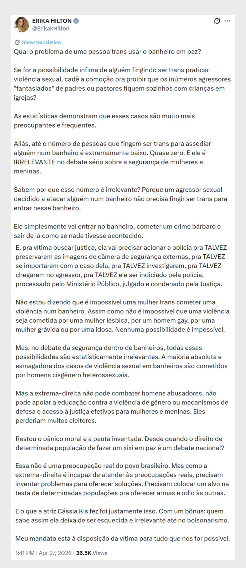 Deputada Erika Hilton em defesa de mulher que acusou Cássia Kis de transfobia.