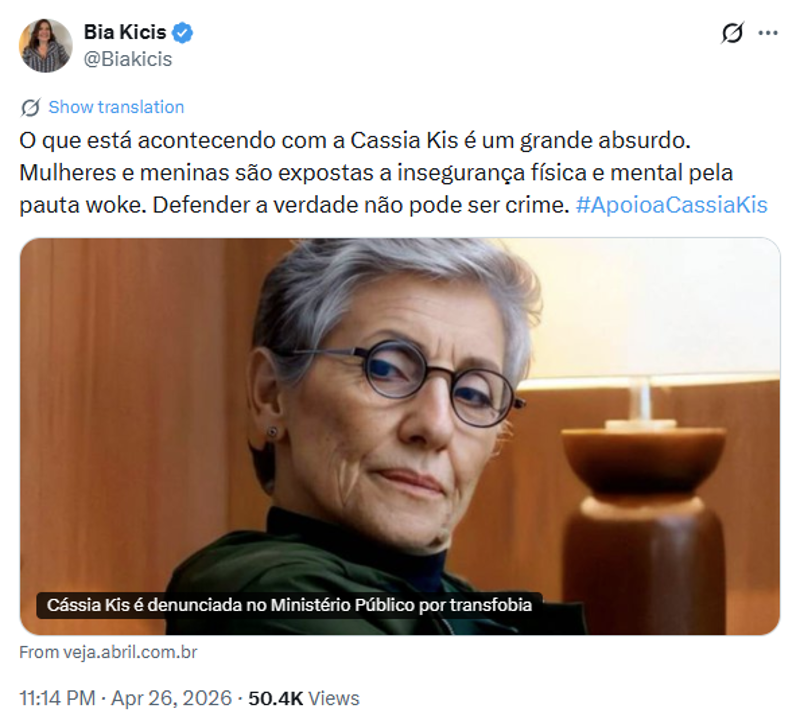 Publicação da deputada Bia Kicis em defesa de Cássia Kis.