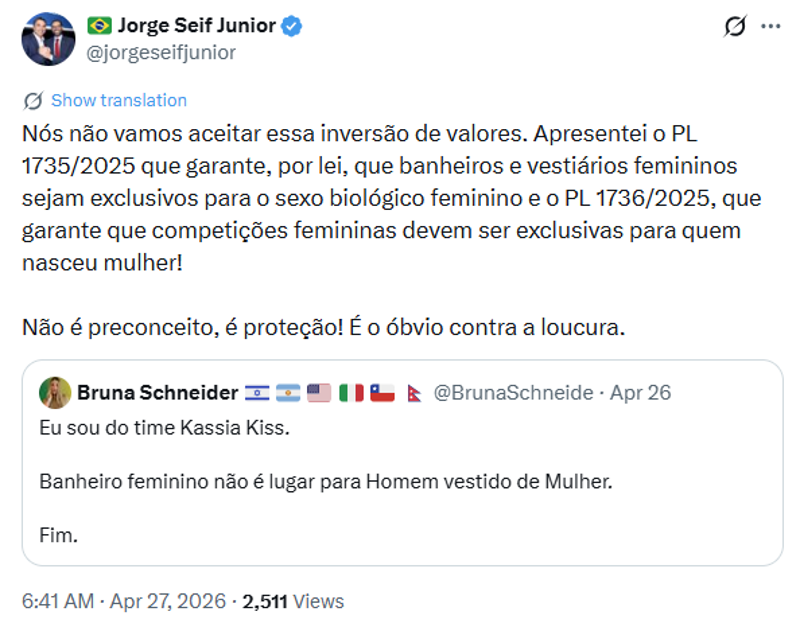 Jorge Seif defende proibição de mulheres trans em banheiros femininos.