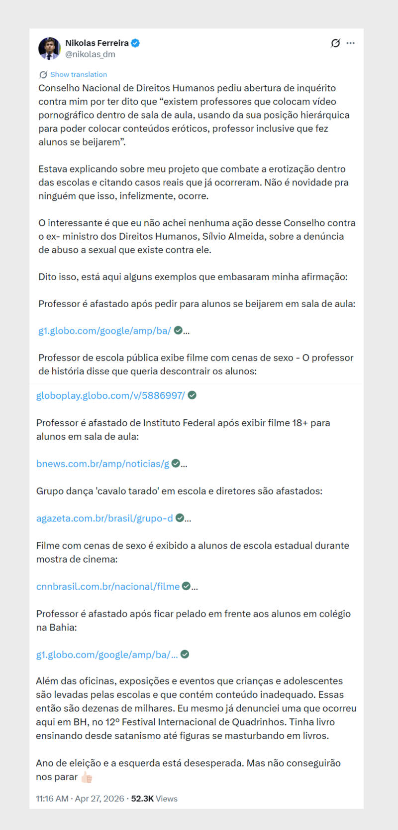 Nikolas Ferreira atribui representação à 