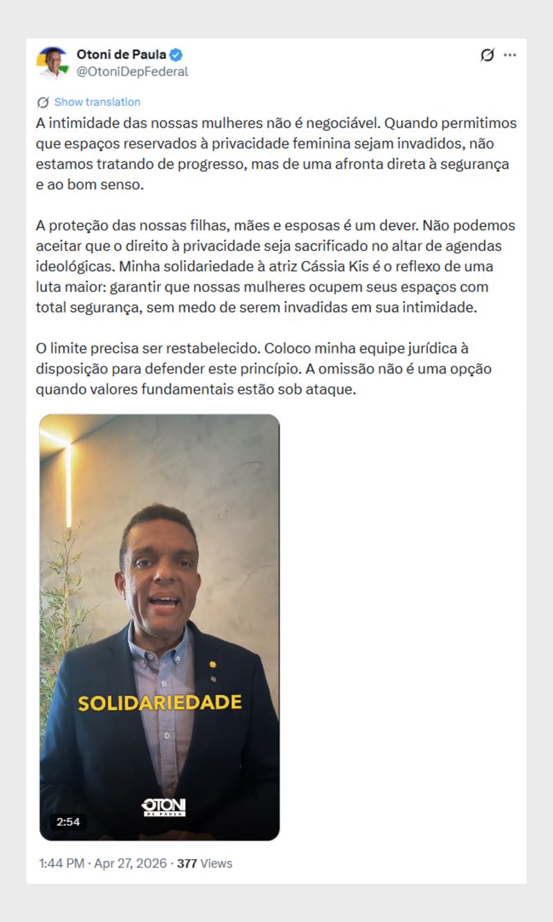Deputado Otoni de Paula sai em defesa de Cássia Kis.
