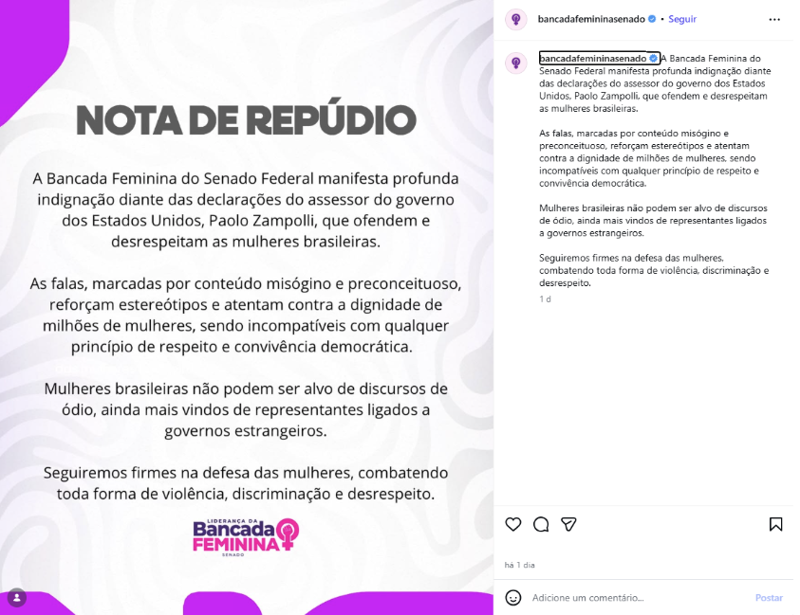 Nota de repúdio da Bancada Feminina do Senado.