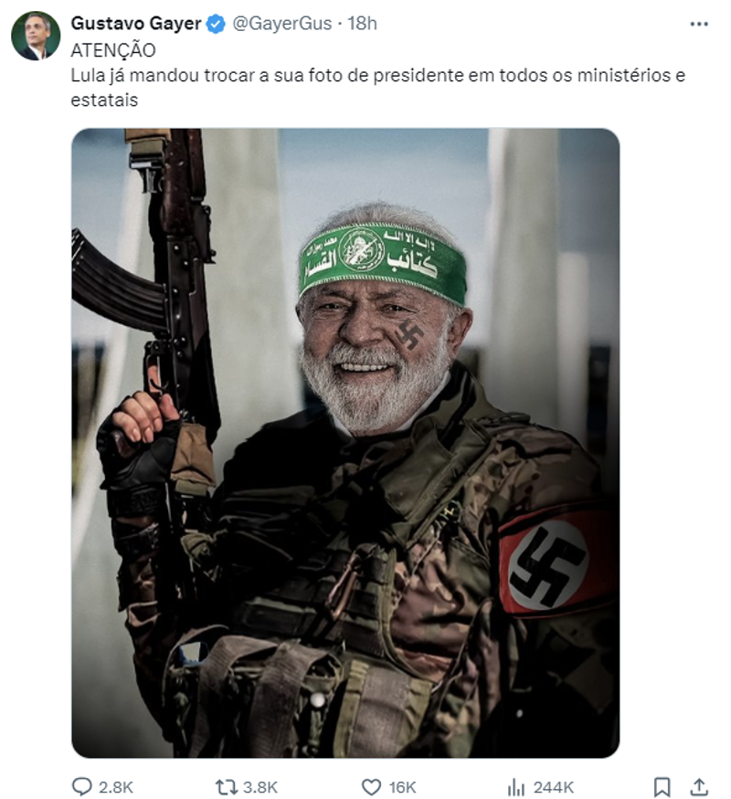 Publicação de Gustavo Gayer no X.