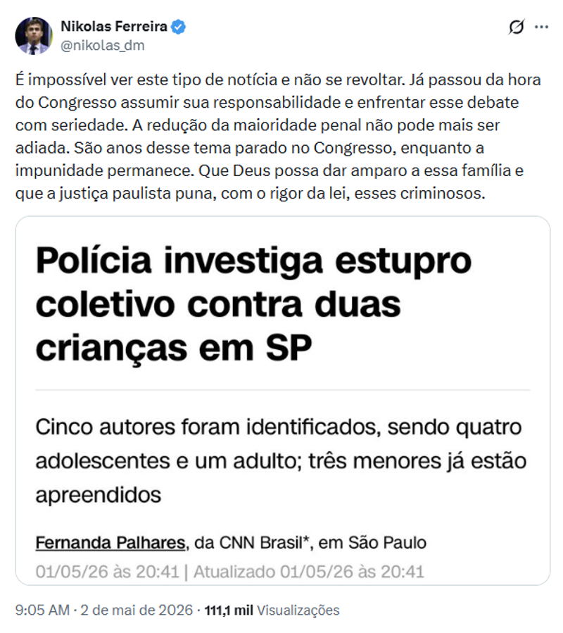 Publicação do deputado Nikolas Ferreira.