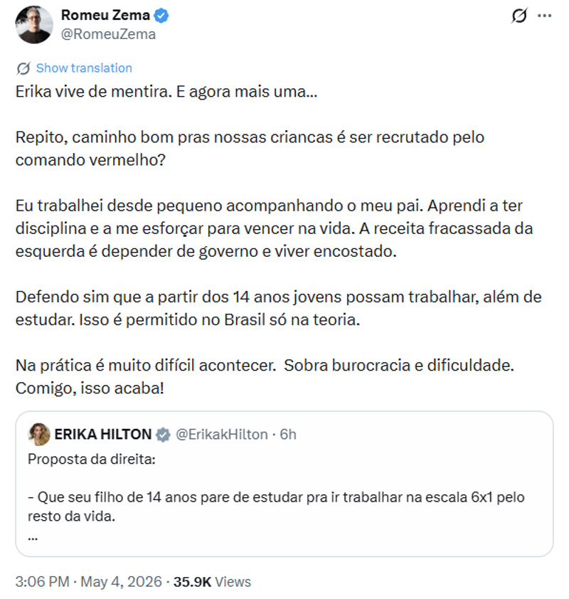 Zema rebate críticas de Erika sobre proposta de flexibilizar trabalho para adolescentes.