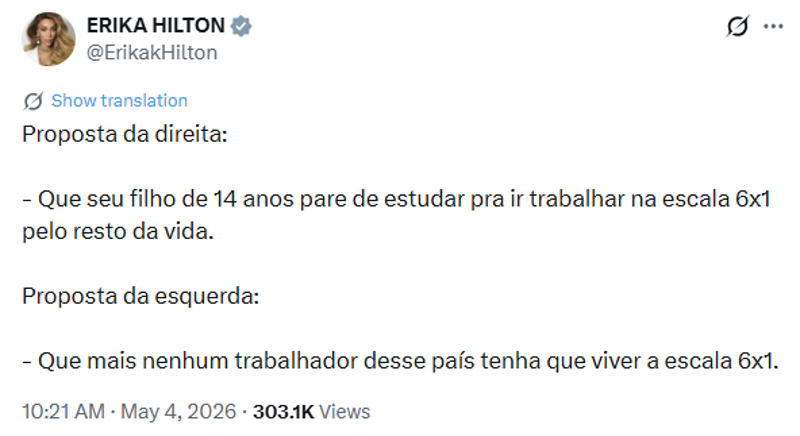 Erika ironiza proposta de Zema de flexibilizar trabalho para adolescentes.
