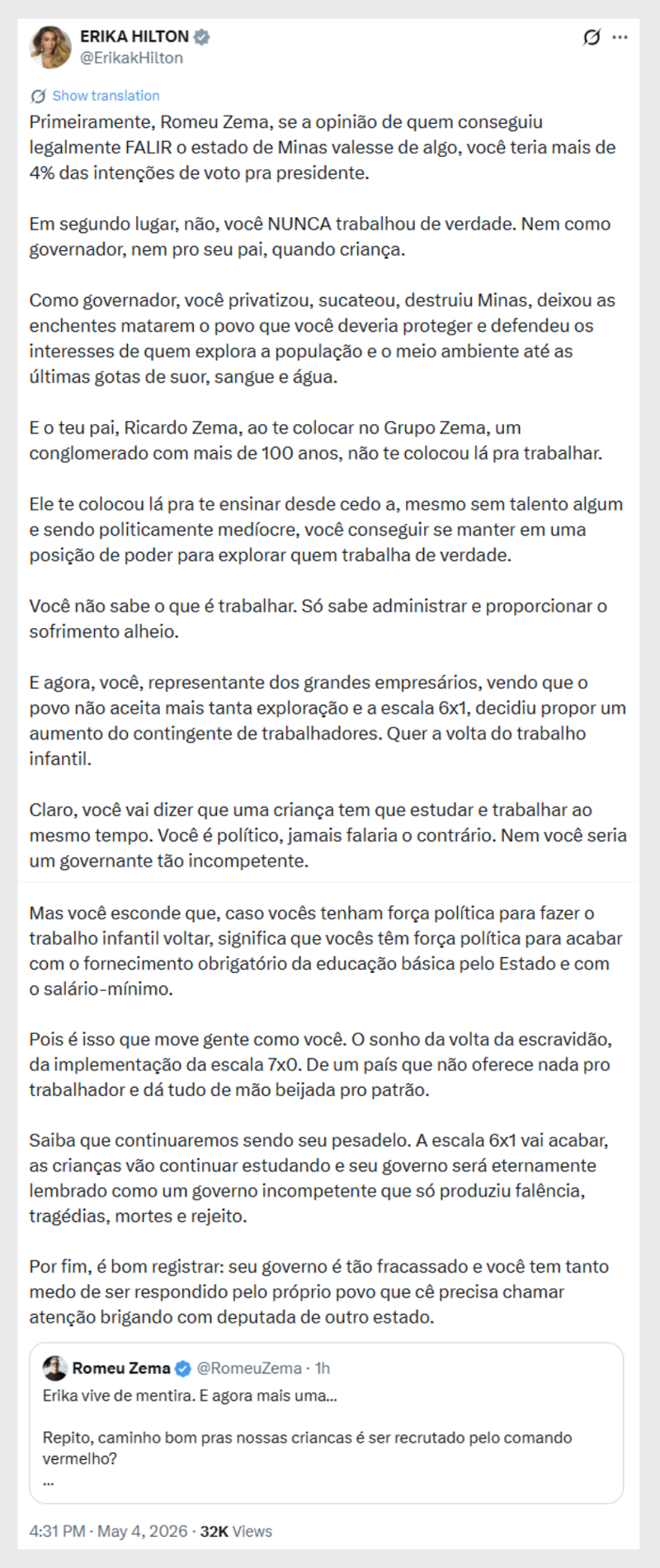 Erika Hilton responde à crítica de Romeu Zema.