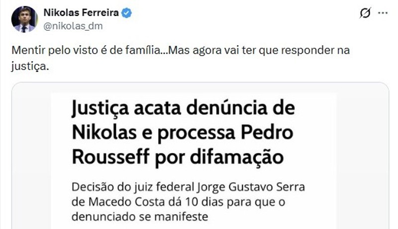 Publicação do deputado Nikolas Ferreira.