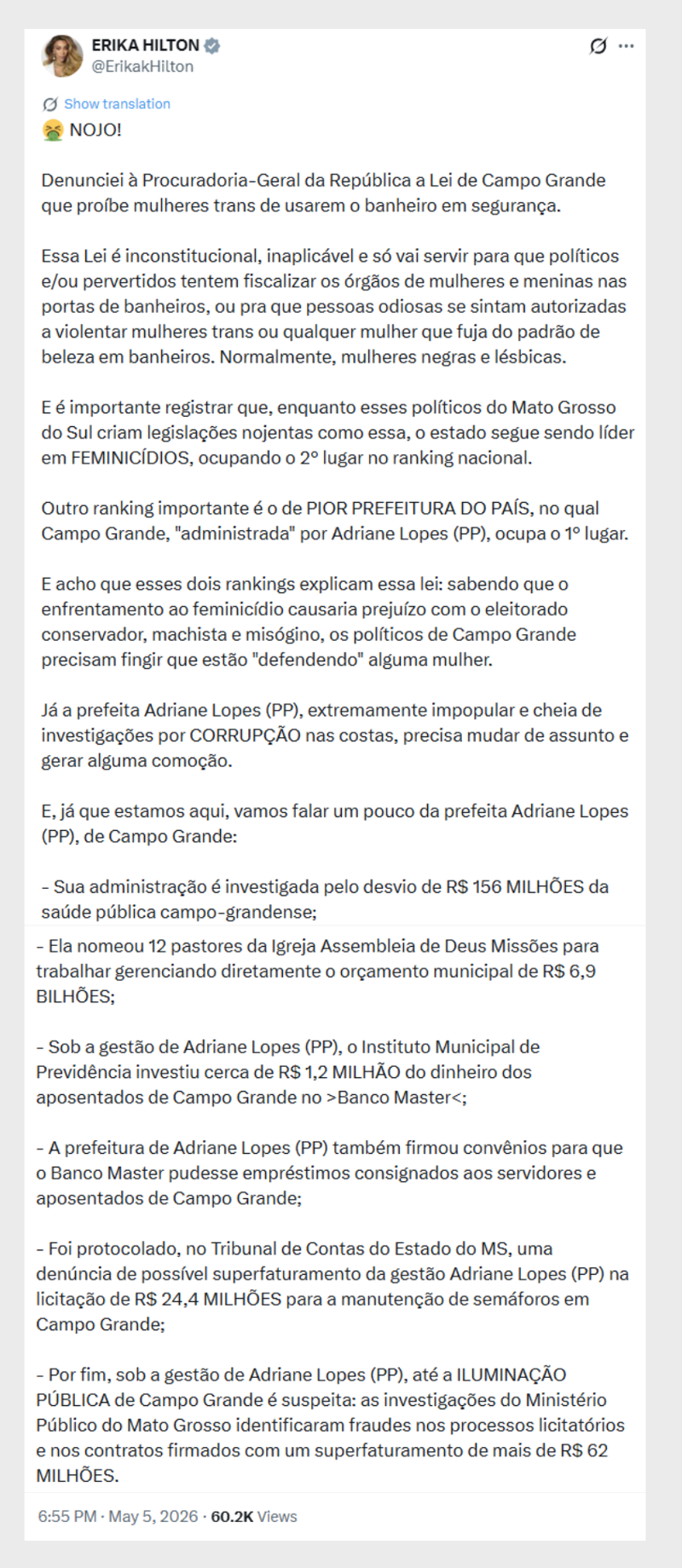 Erika Hilton aciona PGR contra lei do MS.
