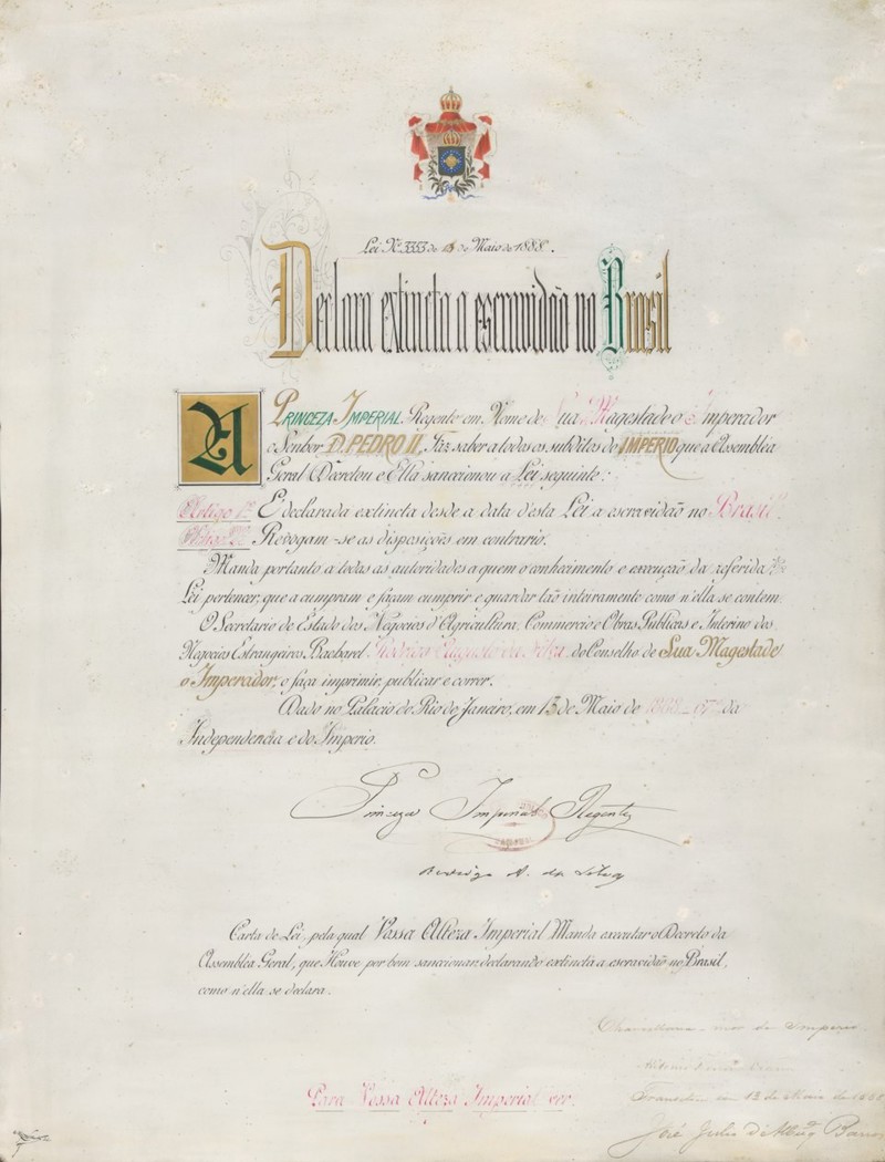 Reprodução do manuscrito original da Lei Áurea.