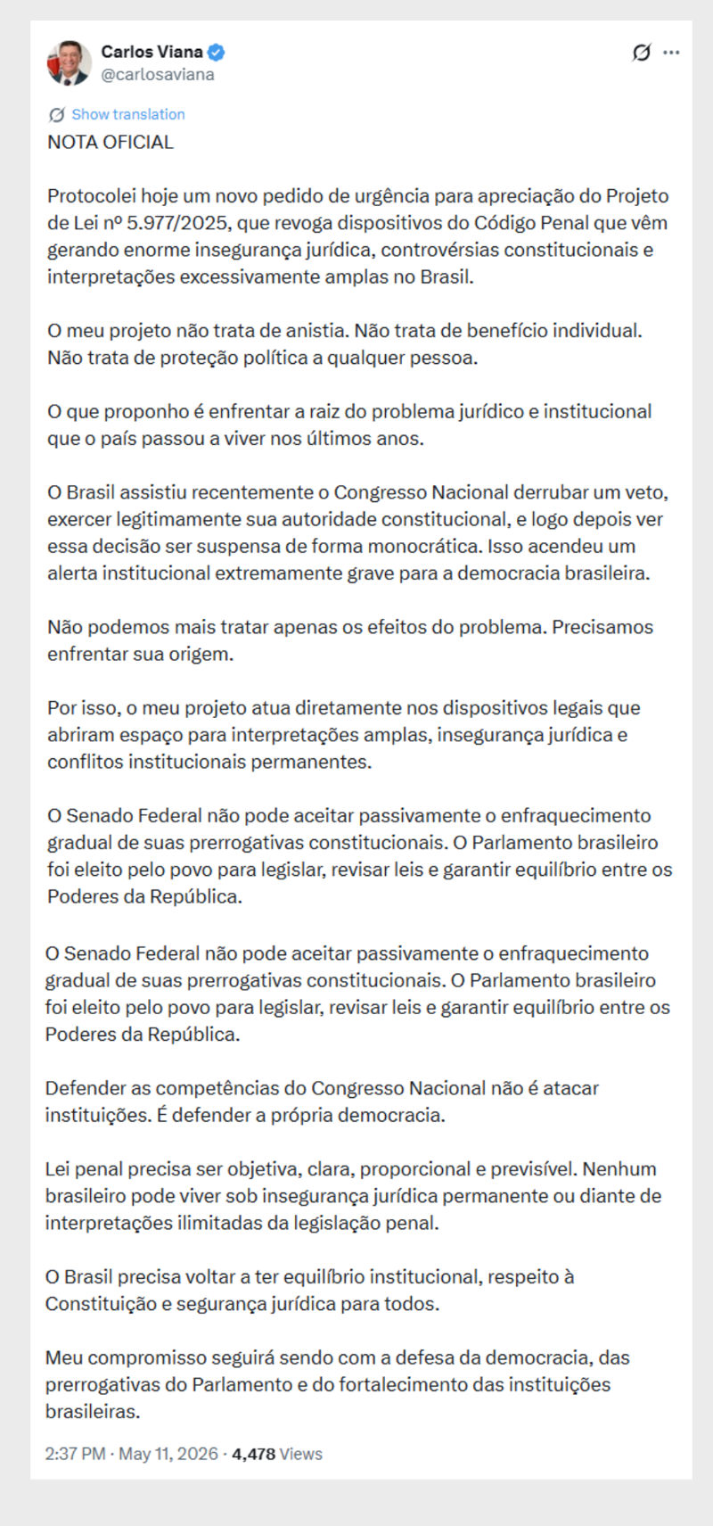 Viana pede urgência em projeto que extingue crime de golpe de Estado.