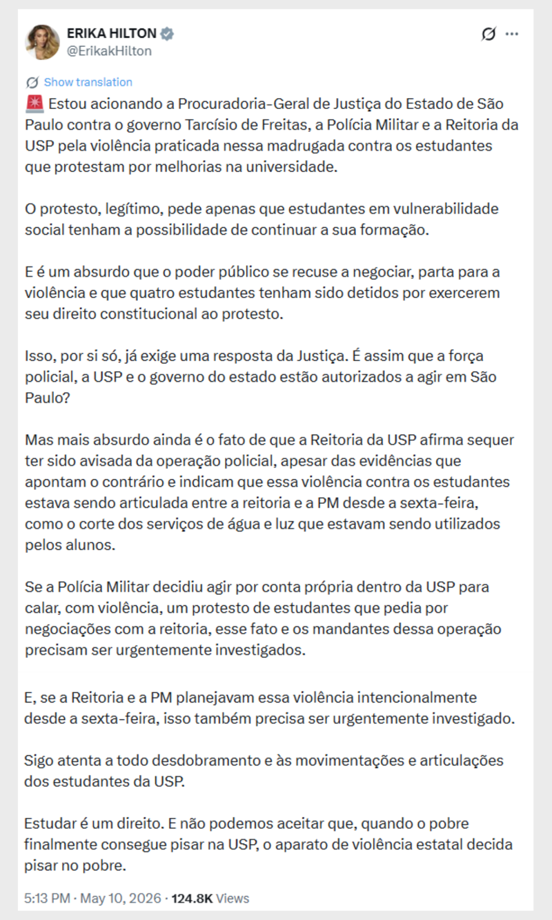 Erika critica ação da PM para desocupar reitoria da USP.