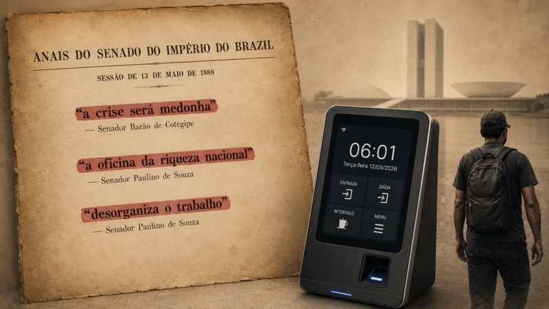 A arte reúne trechos de discursos parlamentares do século 19 usados contra a abolição e os coloca em diálogo com o debate atual sobre jornada de trabalho.