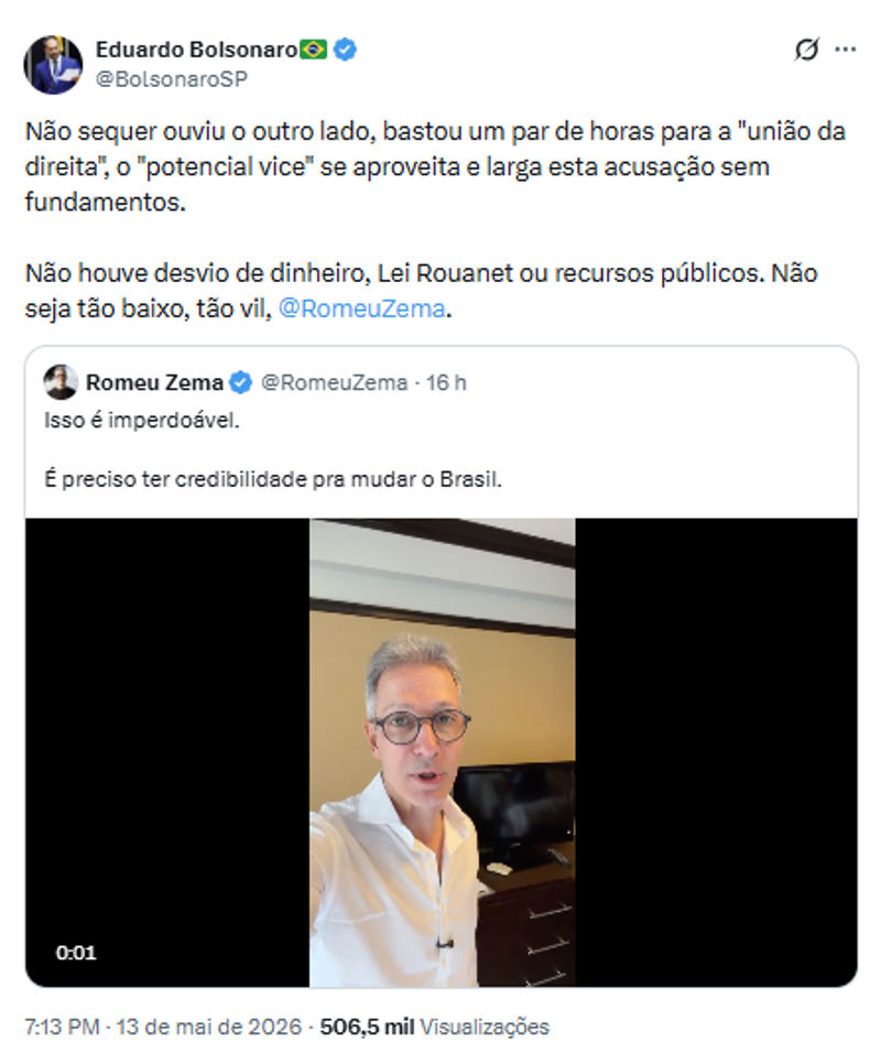 Eduardo chamou Zema de 