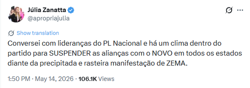 Zanatta manifesta interesse do PL em romper com Novo.