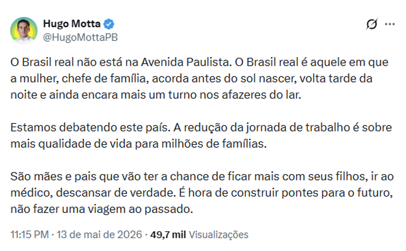 Postagem do presidente da Câmara, Hugo Motta.
