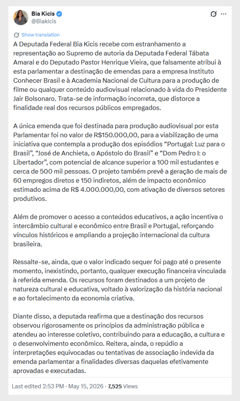 Bia Kicis nega emenda para financiar filme sobre Bolsonaro.