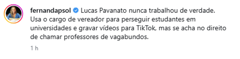 Deputada critica vereador Lucas Pavanato.