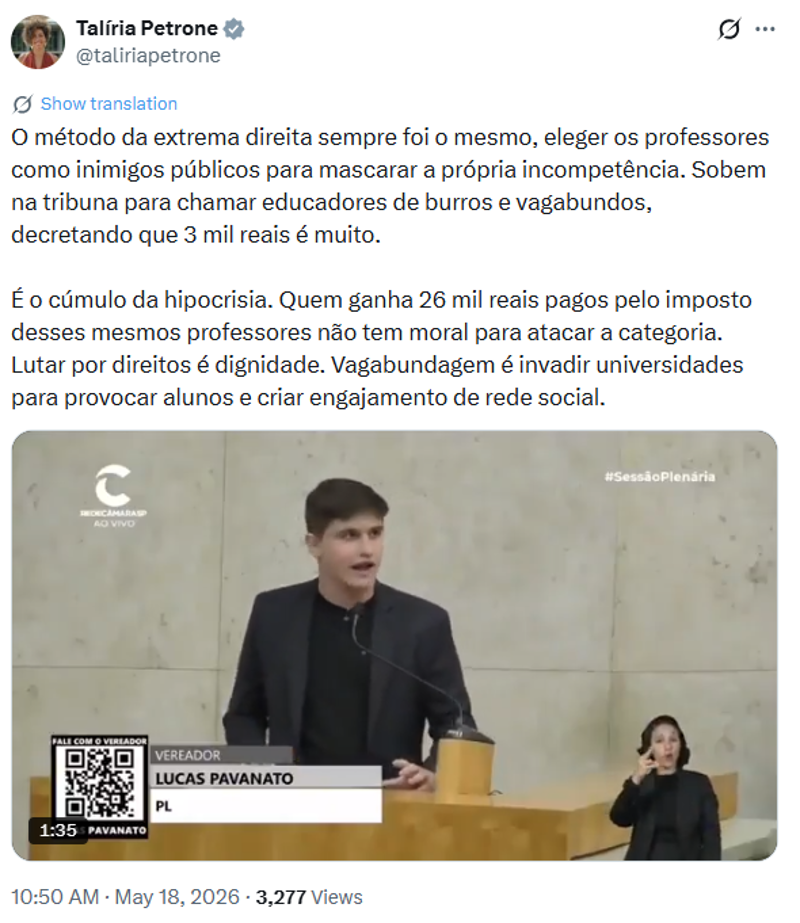Lucas Pavanato é alvo de críticas de Talíria Petrone