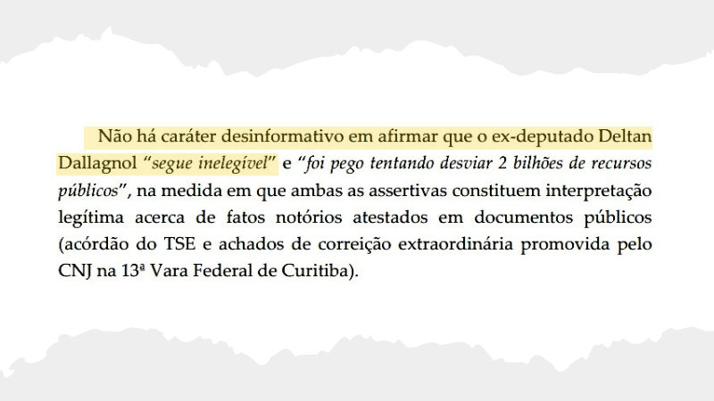 Gilmar Mendes nega desinformação em afirmar de Deltan está inelegível.