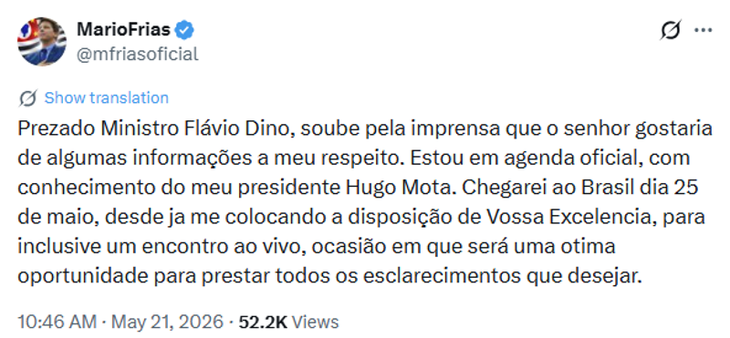 Mario Frias oferece encontro presencial a Dino.
