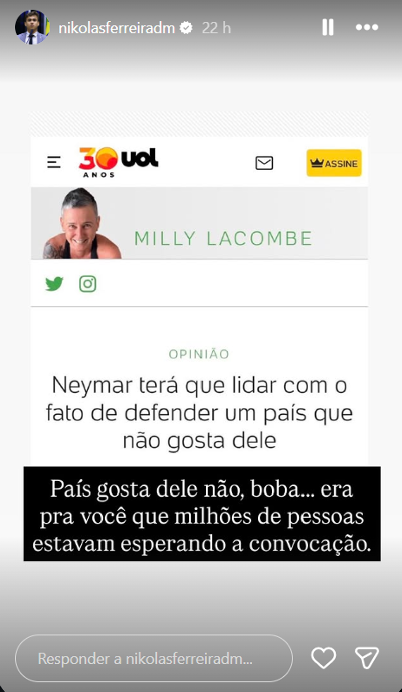Nikolas ironiza jornalista por dizer que Brasil não gosta de Neymar.