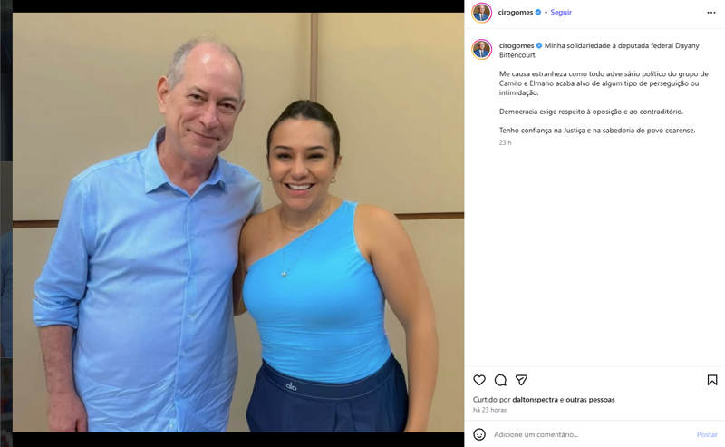 Ciro Gomes se manifesta sobre perda de mandato de deputada.