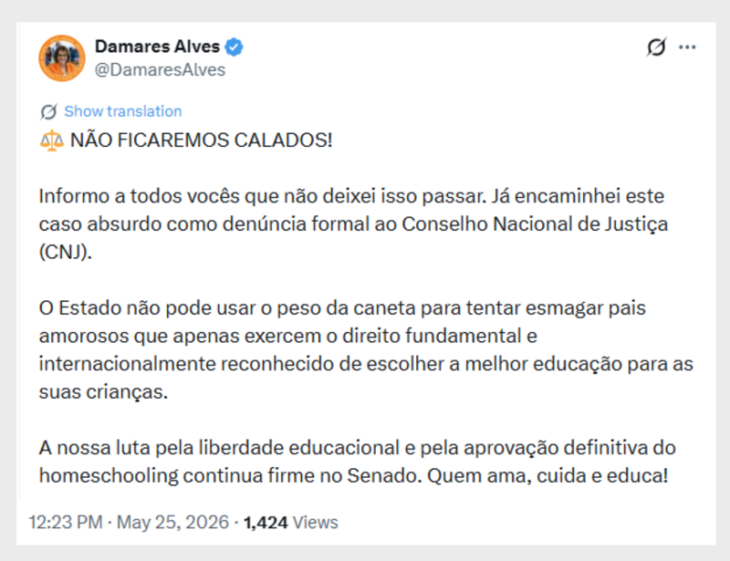Damares aciona CNJ contra condenação por homeschooling.