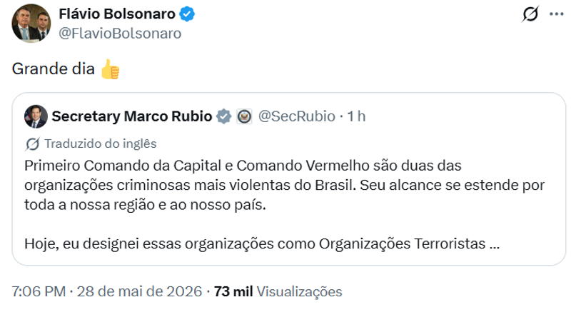 Flávio comemora após EUA classificarem facções como terroristas.