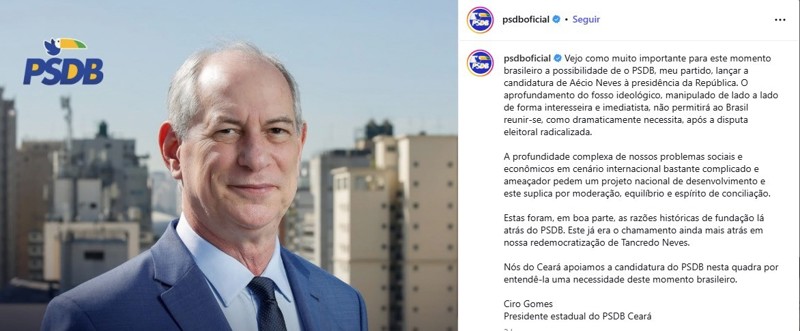 Apoio de Ciro reforça articulação tucana em torno de Aécio Neves para a disputa presidencial.