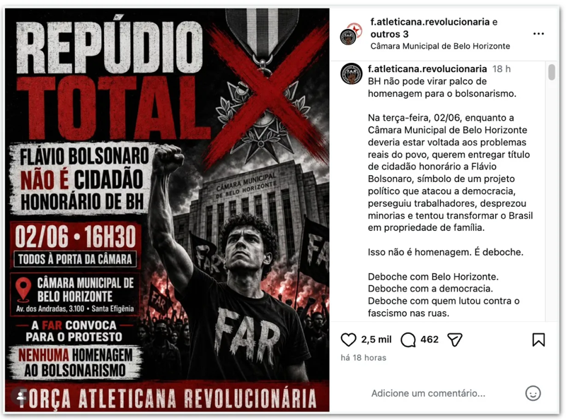 Convocação divulgada pela FAR anuncia manifestação em frente à Câmara Municipal durante homenagem a Flávio Bolsonaro.