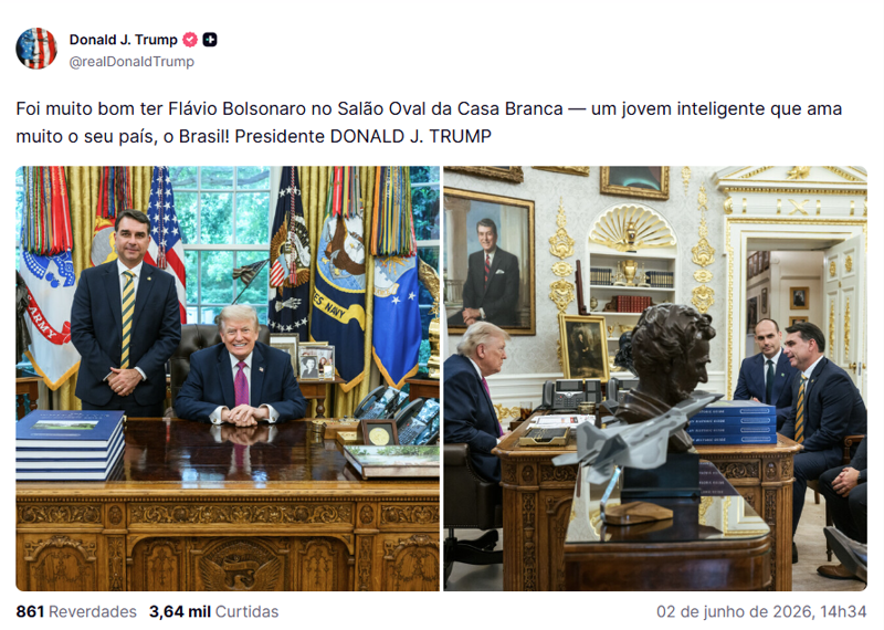 Publicação de Trump sobre Flávio Bolsonaro.