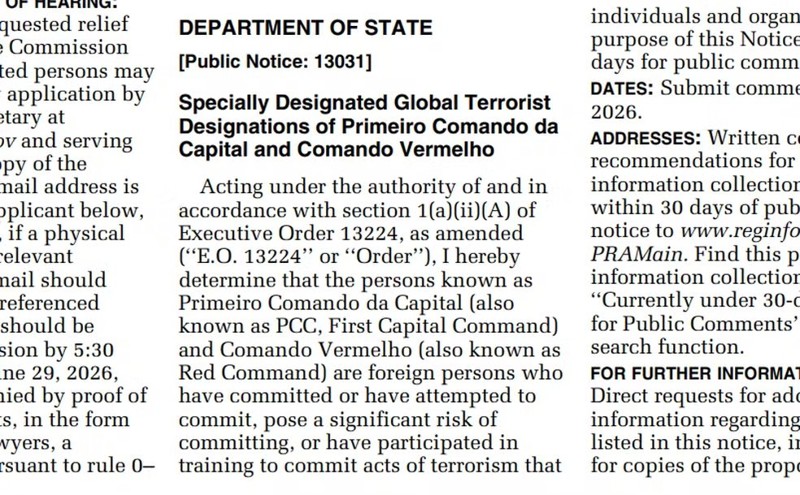 Trecho da publicação no diário oficial dos EUA com PCC e CV como terroristas. 