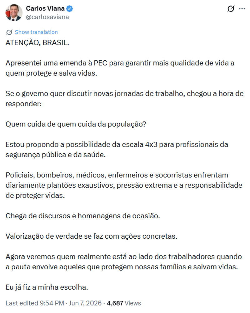 Senador propõe escala 3x4 a profissionais de segurança pública e saúde.